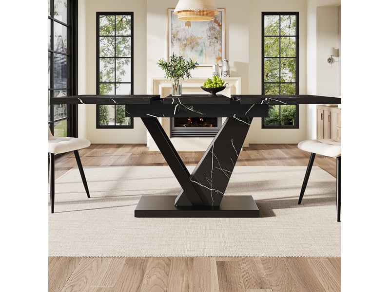  Table à manger extensible 120-160 cm, largeur 75 cm, mdf effet marbre noir et métal  - Conforama E