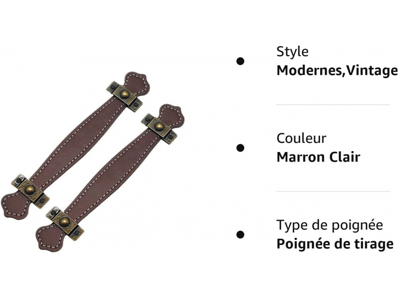  Jeu de poignées vintage en cuir pour tiroirs, poignées pour valises, poignées pour portes de tiroirs, distance entre les trous mm, brun rougeâtre  - Conforama D