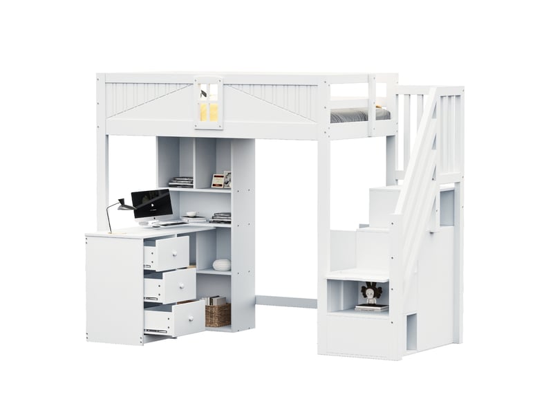  Lit mezzanine 90x200 cm, bureau, échelle de rangement latérale, garde-corps avec fenêtre, bois, blanc, sans matelas  - Conforama A