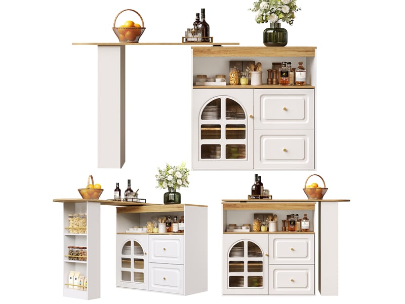 Buffet table de bar extensible blanc en mdf, porte vitrée cintrée, pivot 360° 100