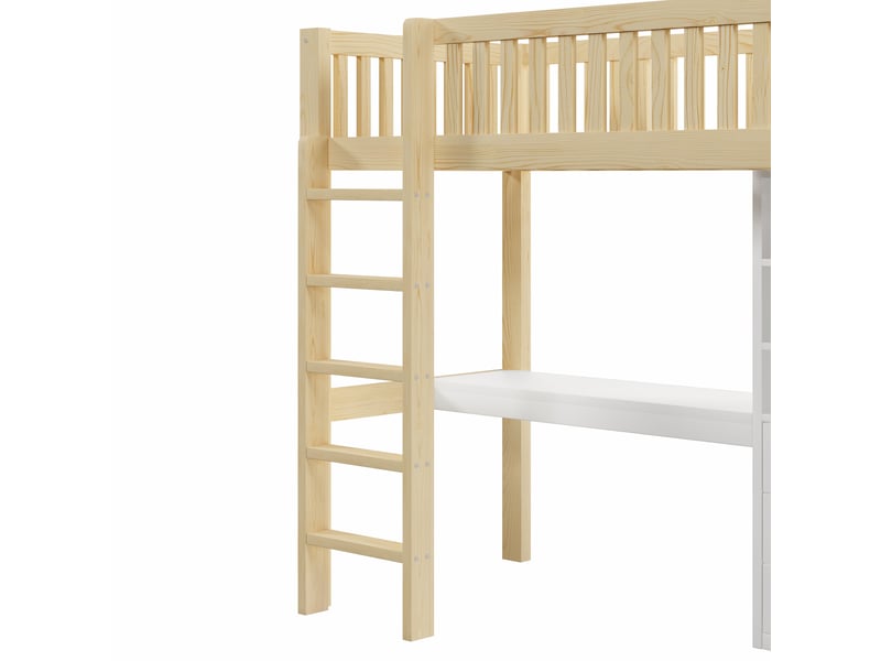  Lit mezzanine enfant 200×90 cm avec bureau, armoire, 3 tiroirs et escalier, sans matelas, en pin et mdf blanc et naturel  - Conforama E