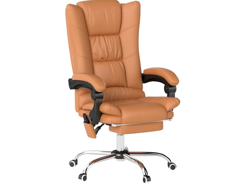 Fauteuil de bureau massant chauffant inclinable 135° en cuir régénéré marron clair avec repose-pieds intégré - Conforama A