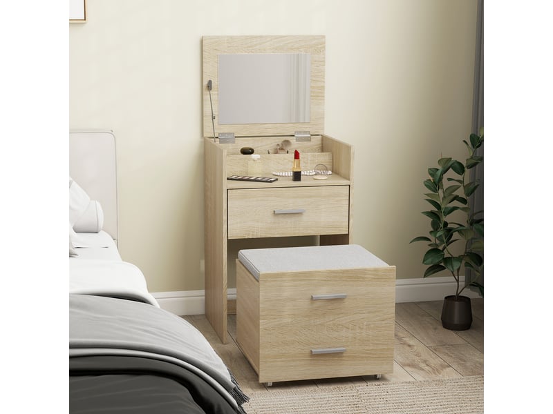  Coiffeuse avec miroir pliant, tiroirs et tabouret, en bois et tissu effet lin, coloris bois  - Conforama B