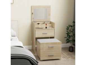 Coiffeuse avec miroir pliant, tiroirs et tabouret, en bois et tissu effet lin, coloris bois