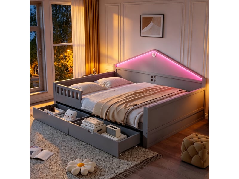 Lit enfant 140x200 cm gris avec bandeau led contrôlable, 2 tiroirs et sommier à lattes inclus - Conforama B