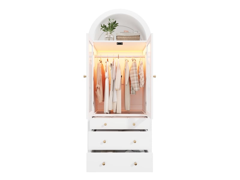  Armoire blanche avec led, penderie moderne avec portes en verre et compartiment à bijoux, 80x50x200 cm  - Conforama A