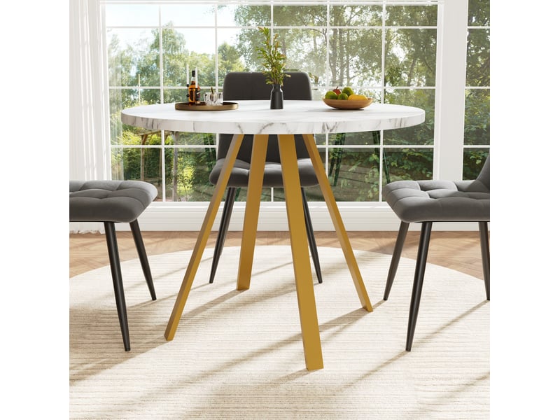 Table à manger ronde ø80 cm en mdf, pieds métal dorés, blanc effet marbre - Conforama D