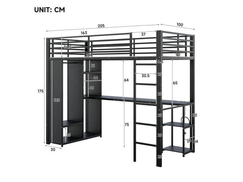  Lit mezzanine 90 × 200 cm avec bureau, led, étagères et armoire ouverte, sans matelas, noir  - Conforama E