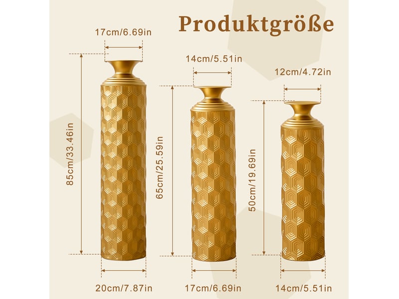 Lot de 3 vases de sol décoratifs en métal doré, motif alvéolé, h 506585 cm  - Conforama B