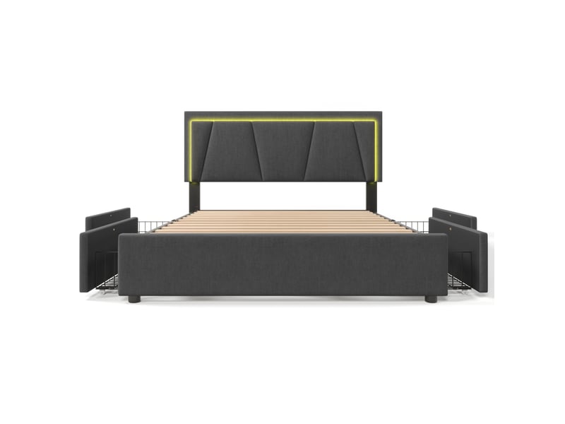  Lit double 140x200 cm avec rangements et led, sommier à lattes, revêtement gris tissu  - Conforama A