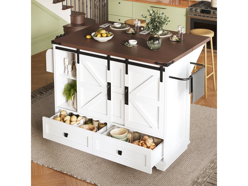  Desserte de cuisine avec plateau rabattable et rangement - lpospi - portes coulissantes, mdf blanc 142,5 × 73 × 92,5 cm  - Conforama B