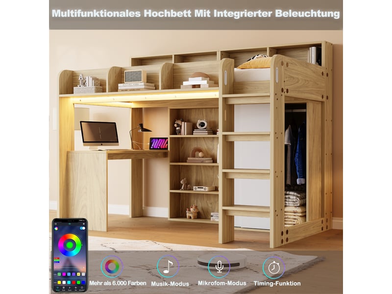  Lit mezzanine 90 × 200 cm en bois avec bureau, armoire, rangements, led et prise, finition bois  - Conforama D