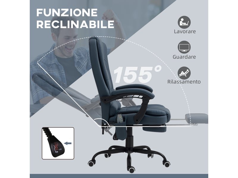  Chaise de bureau massante en cuir pu bleu avec repose-pieds rétractable, dossier inclinable  - Conforama R