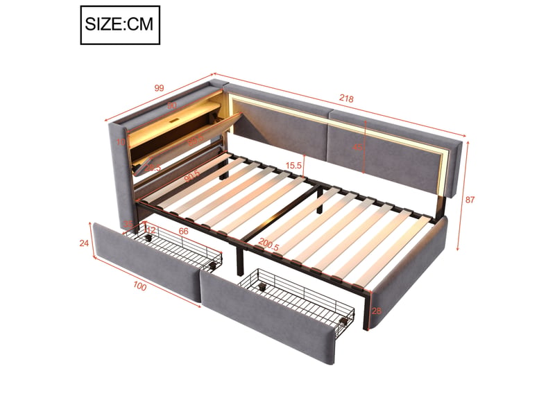  Lit d'appoint 90x200 cm, éclairage led, ports usb, rangement tête de lit et tiroirs, velours gris foncé  - Conforama B