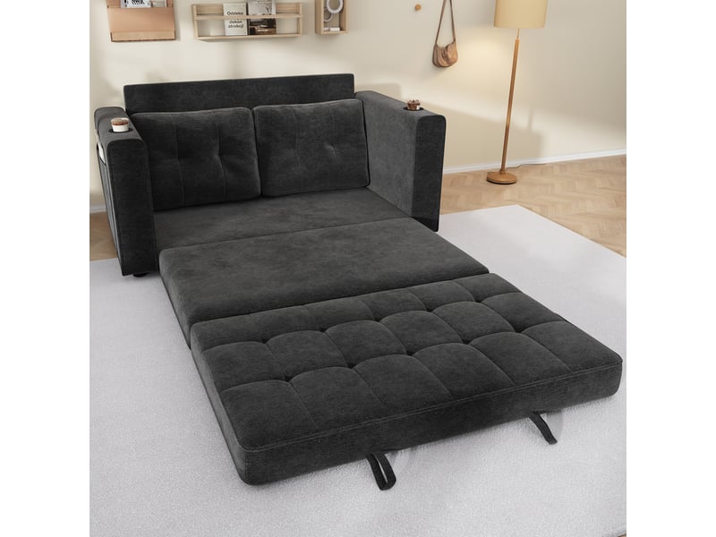 Canapé-lit convertible 2 places 141x79 cm, couchage 141x216 cm, 3-en-1, 2 porte-gobelets, poches latérales, coussins amovibles, chenille grise - Conforama C
