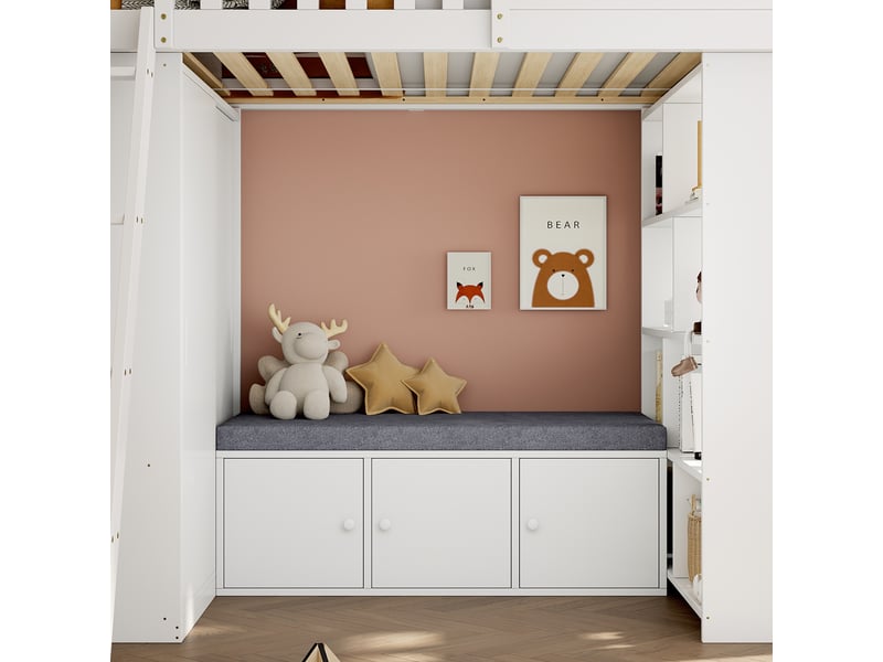  Lit mezzanine 90 x 200 cm blanc et naturel, lit enfant en bois design maison avec échelle, armoire, étagère ouverte et banc coffre  - Conforama D