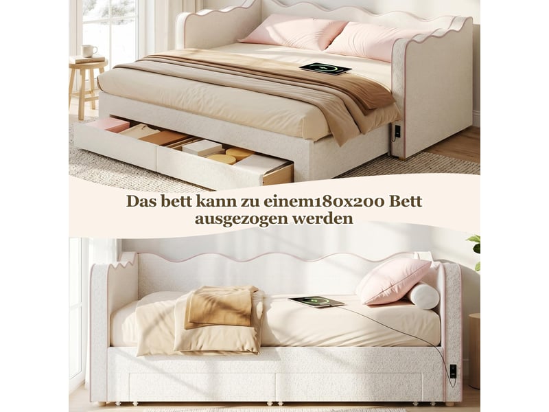  Canapé-lit 90x200 cm, lit enfant, couchage d'appoint, 2 tiroirs, extensible, port usb, tissu bouclé beige  - Conforama E