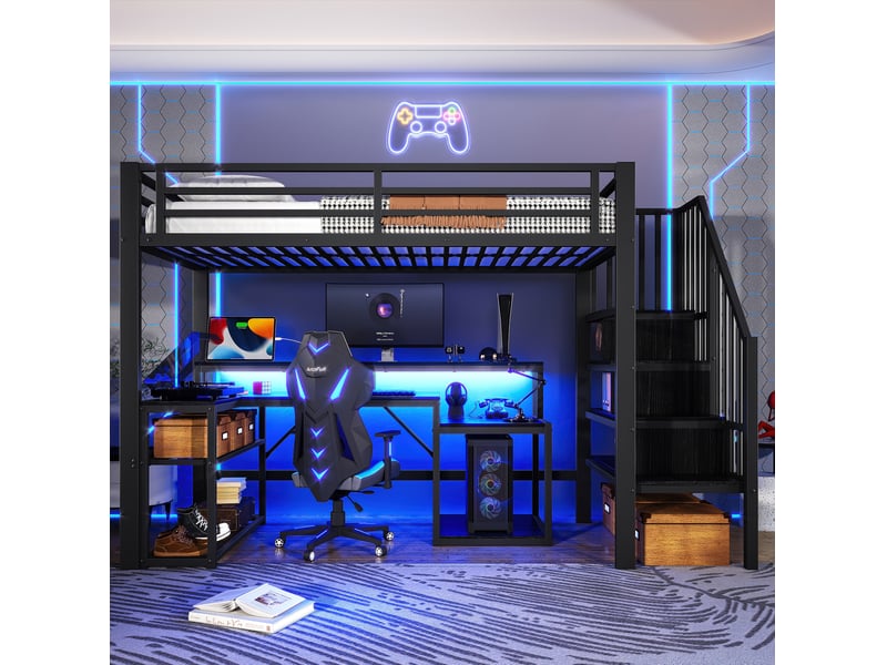  Lit mezzanine 90x200 cm avec bureau, led, usb et rangements noir  - Conforama B
