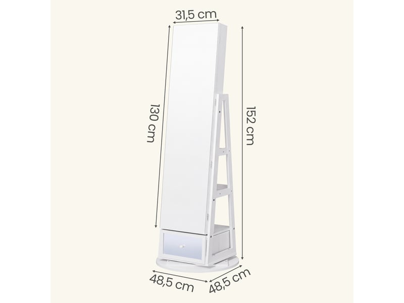  Armoire à bijoux miroir sur pied avec rangement pivotant à 360° verrouillable 48,5 x 48,5 x 152,3 cm blanc et noir  - Conforama D