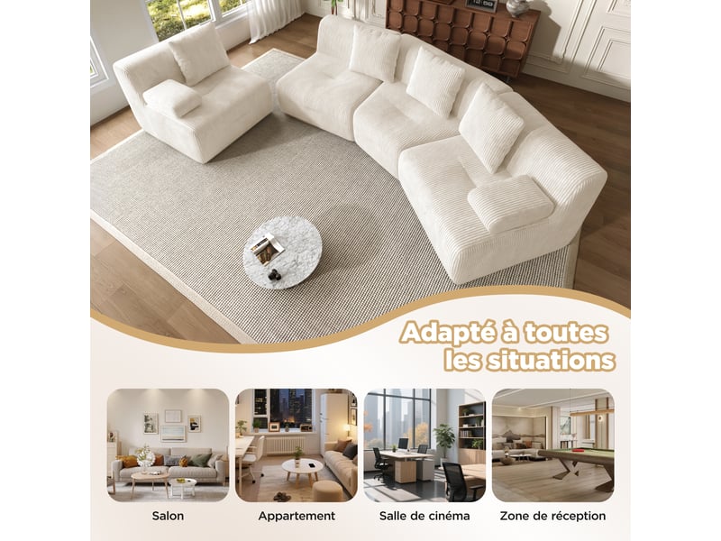  Canapé modulable 4 places en velours côtelé beige clair, sans montage, charge 400 kg, design moderne pour salon, 311x90x65cm  - Conforama E