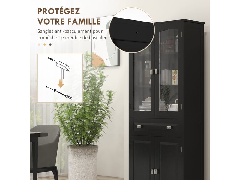  Buffet haut armoire de cuisine 4 portes dont 2 portes vitrées et 1 hauteur tiroir 160 cm avec étagères en bois noir  - Conforama R