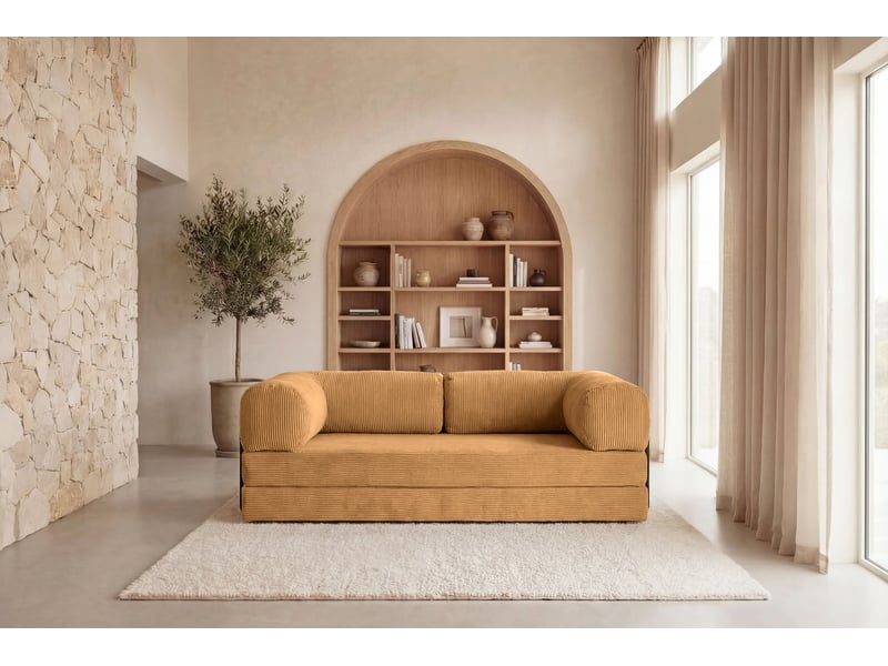 Cosima - canapé droit convertible petit velours côtelé 3 places moutarde - Conforama D