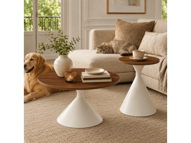  Lot de 2 tables basses rondes, plateau effet noyer chaleureux, pied en acier carbone blanc crème, ø7050 cm, design conique.  - Conforama R