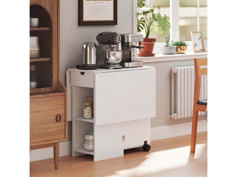 Table à manger pliable extensible 4 personnes - 2 abattants, 2 étagères, tiroir, roulettes - aspect bois blanc - Conforama E