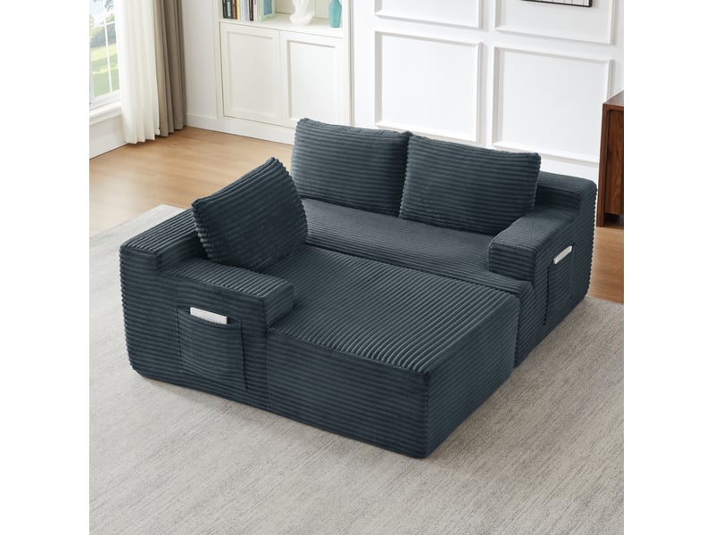  Canapé d'angle compressé en l 238x152x66 cm modulable 3 places, mousse et velours côtelé couleur gris foncé, moderne  - Conforama D