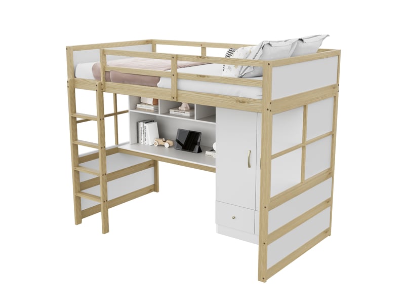  Lit mezzanine, 90x200 cm, armoire, bureau avec rangement, échelle, matelas non inclus, bois, coloris blanc et naturel  - Conforama A