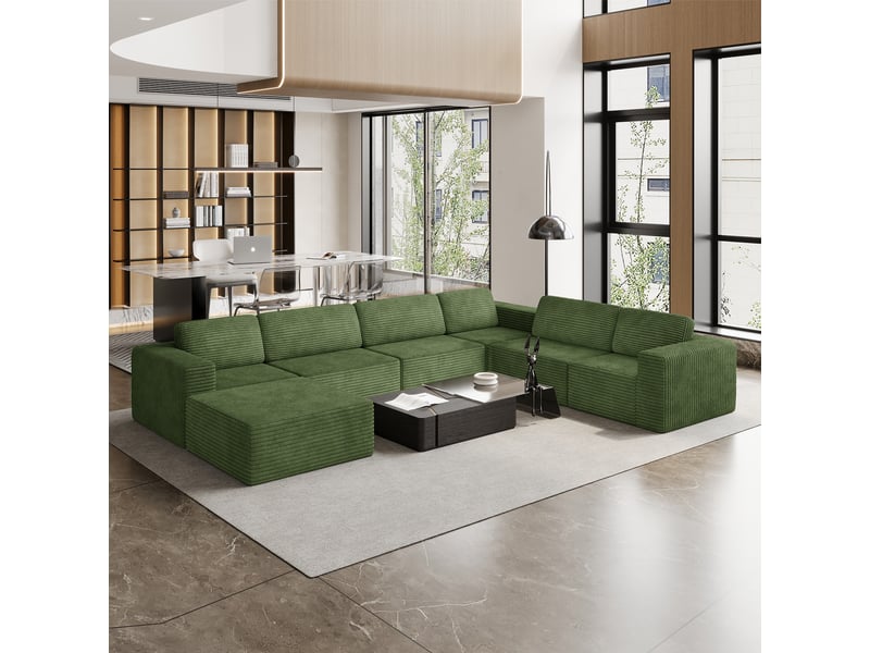  Canapé modulaire panoramique 7 places ouvert à gauche,velours côtelé,1 pouf,canapé compressé pour grand salon,404x303x82cm,vert 404x303x82CM - Conforama W