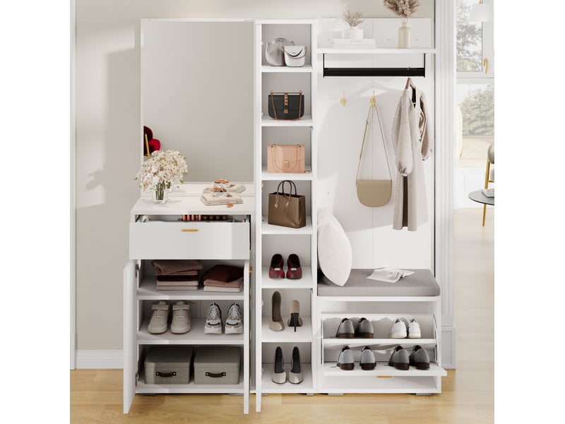 Ensemble vestiaire d’entrée 150x36x180 cm miroir, penderie, meuble à chaussures, banc mdf blanc - Conforama B