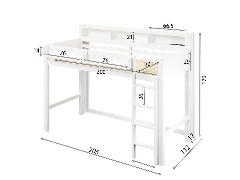 Lit mezzanine 90x200 cm avec bureau, lit surélevé gain de place avec led et port usb, pin massif et mdf avec 3 placards de rangement, blanc  - Conforama E