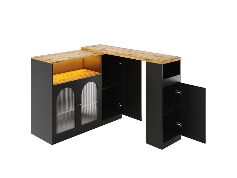  Table de bar pivotante extensible avec lumière led,4 portes(2 portes en verre changhong) et 2 niches,noir table de bar noir - Conforama E