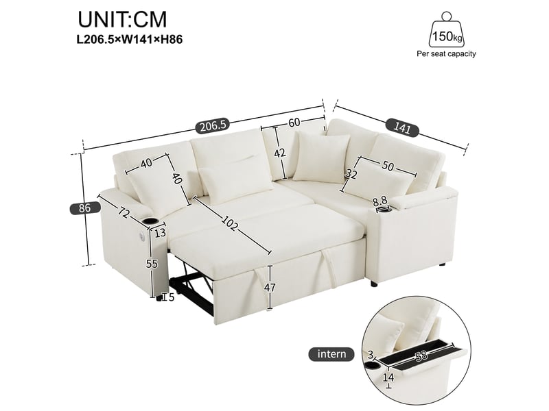 Canapé d’angle convertible l 45 places 206,5x141x86 cm avec coffre de rangement, fonction lit, méridienne fixe droite, porte-gobelets, usb, étagères d’accoudoirs, coussins - beige - Conforama D