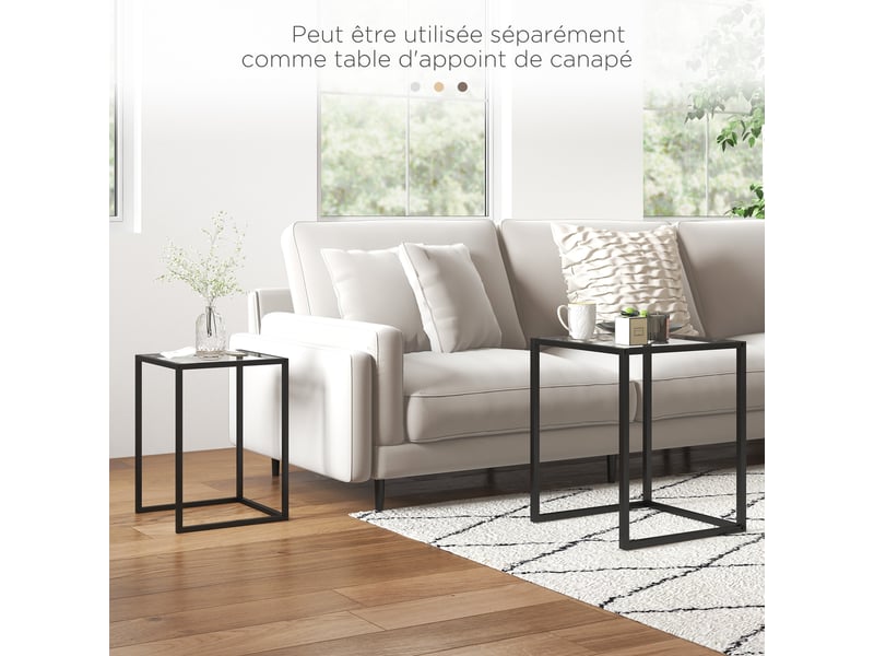  Lot de 2 tables basse gigogne, tables d'appoint empilable, plateau verre trempé cadre acier, noir, patins antidérapants  - Conforama R