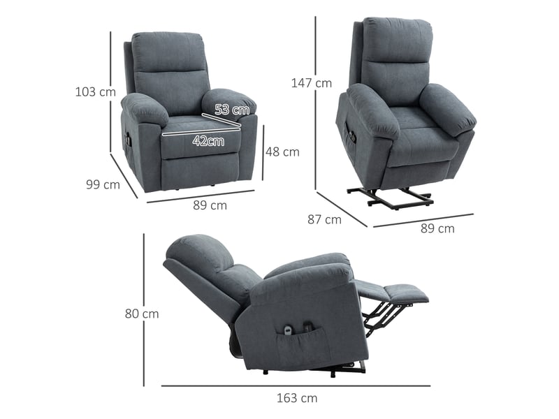 Fauteuil relax massant avec aide au relevage, inclinaison 135°, télécommande et repose-pieds, en lin gris - Conforama C