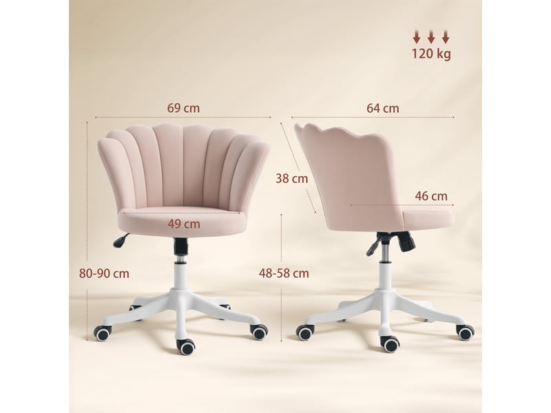  Chaise bureau en velours, chaise coiffeuse avec dossier en pétale, hauteur réglable, 69 x 64 x 80-90 cm, rose  - Conforama E