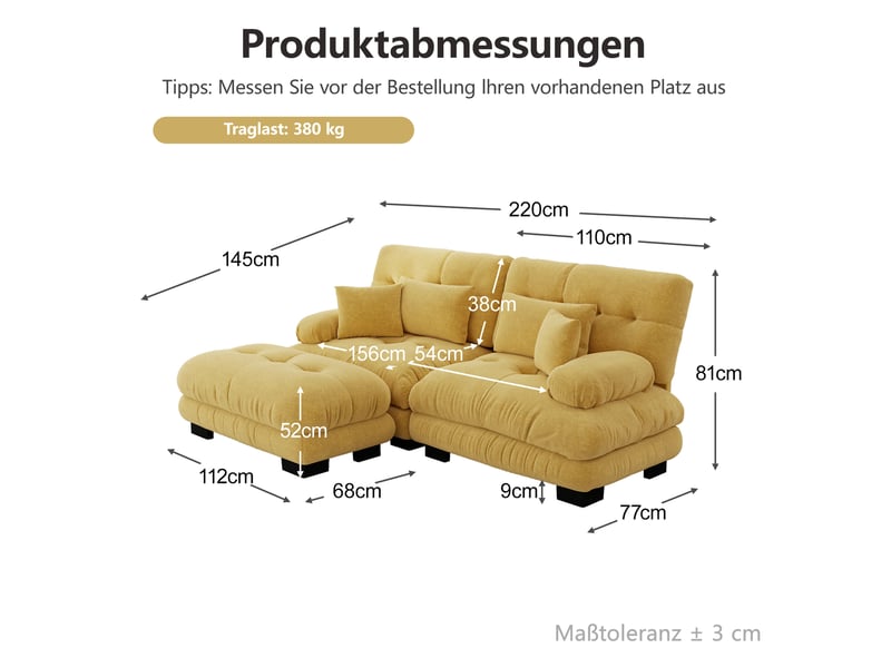  Canapé d'angle ulevr modulable 2 places avec ottoman mobile, coussins lombaires, chenille jaune 220 x 145 x 81 cm  - Conforama C