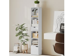 Bibliothèque 30x24x158 cm blanche en bois, 6 niveaux, étagère réglable avec tiroir et porte