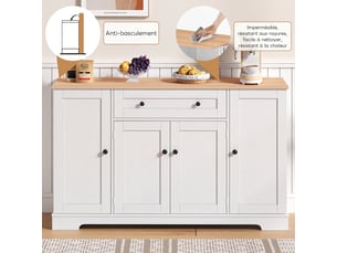 Buffet de cuisine multifonctionnel, bahut de 138 cm, mdf blanc et naturel