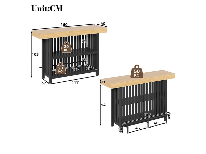  Table de bar avec étagères 160 x 40 x 105 cm – noir – repose-pieds renforcé et rangement ouvert  - Conforama C
