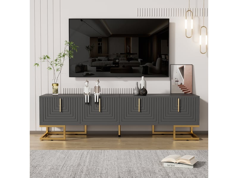  Meuble tv gris noir 170 cm pour écran 70-79 pouces avec 4 portes et pieds dorés  - Conforama C