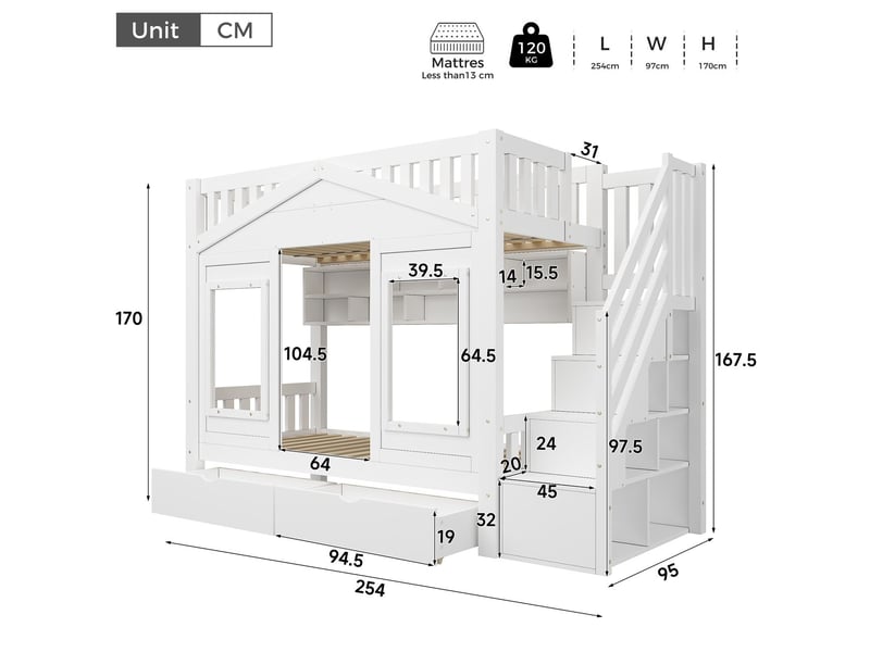 Lit superposé enfant 90 x 200 cm protection antichute escalier de rangement fenêtre intégrée bois massif blanc lit en hauteur  - Conforama C