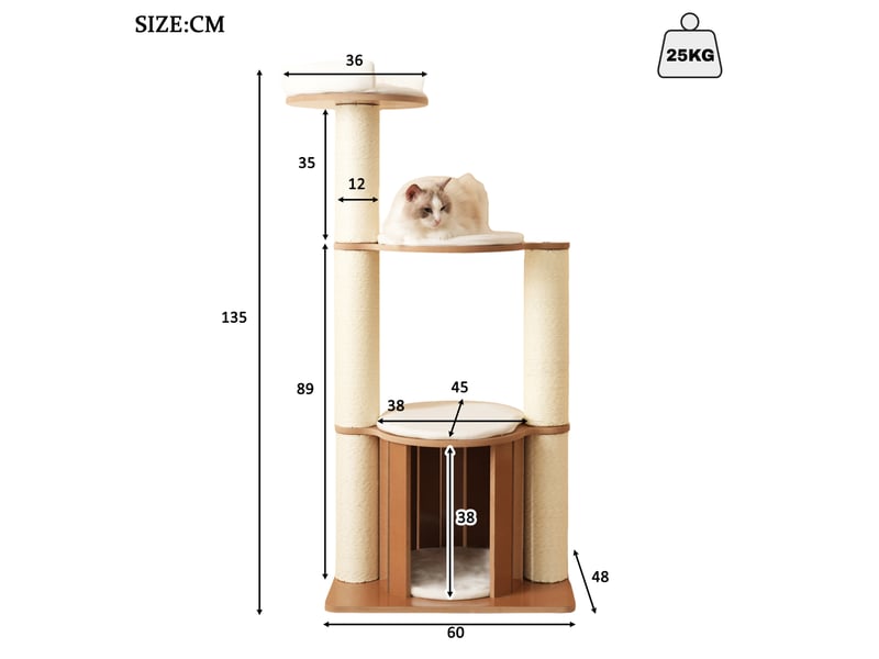 Cat tree 135cm avec troncs xxl ø12cm, 3 plateformes & niche, matériau étanche avec tapis amovibles & anti-bascule, stable & robuste - moderne BUBBLY - Conforama C
