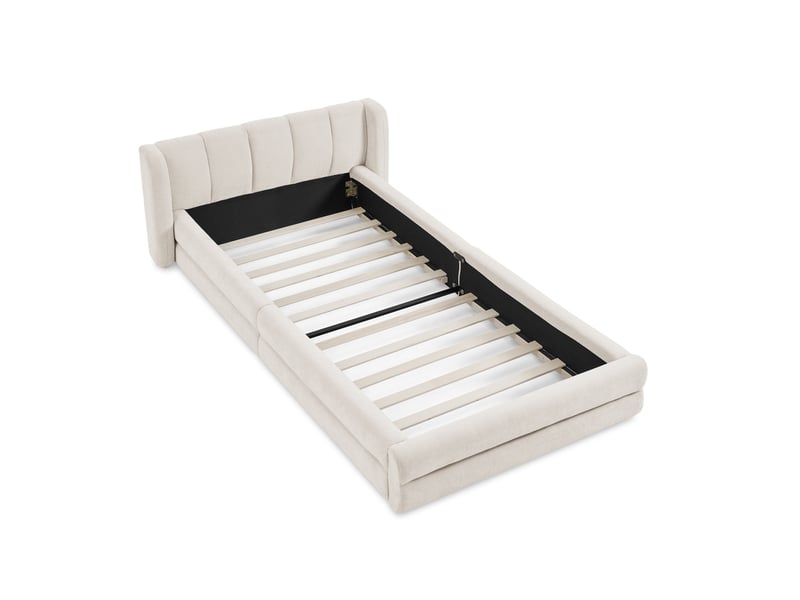  Lit simple 90x200 cm en chenille beige avec tête de lit, sans matelas  - Conforama D