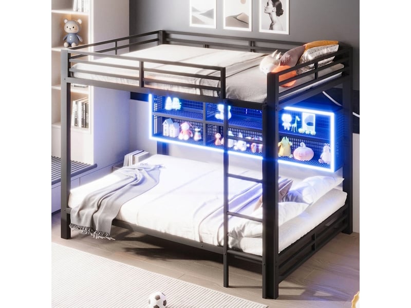 Lit superposé 140x200 avec rangement et éclairage led, métal noir - Conforama B