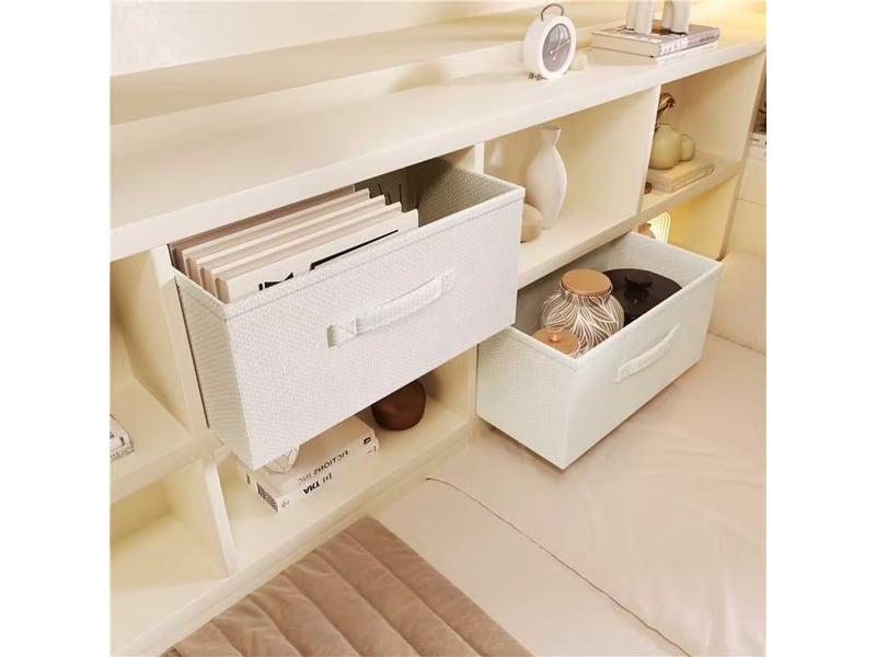  Lit gigogne 140x190 cm avec couchage 90x190 cm, étagères, 2 tiroirs et usb type-c, bois blanc C-DEGAYUN - Conforama D
