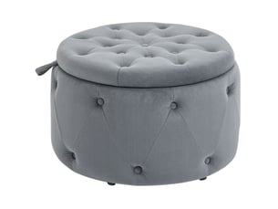 Pouf de rangement rond ø60 x 40 cm gris en polyester aspect velours, couvercle et assise rembourrée