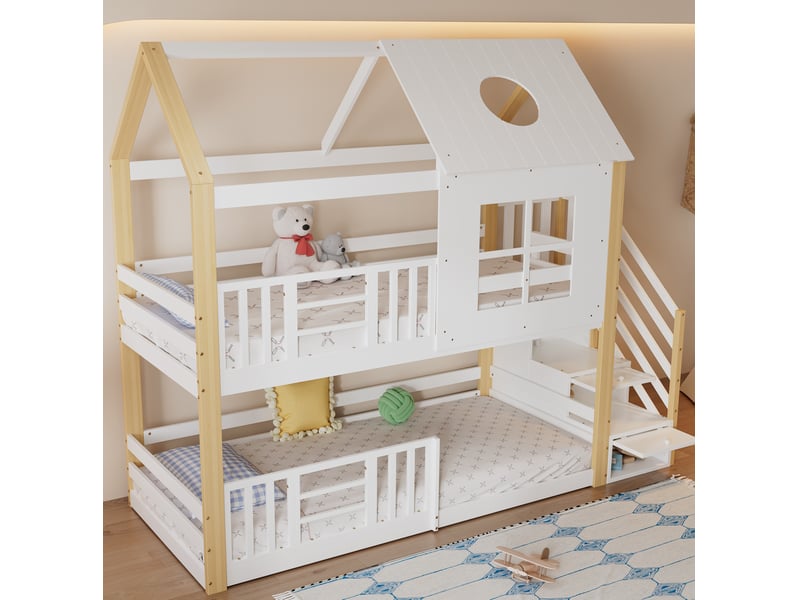  Lit superposé enfant 90x200 cm – blanc et naturel – escalier de rangement, toit et fenêtres – sans matelas  - Conforama B